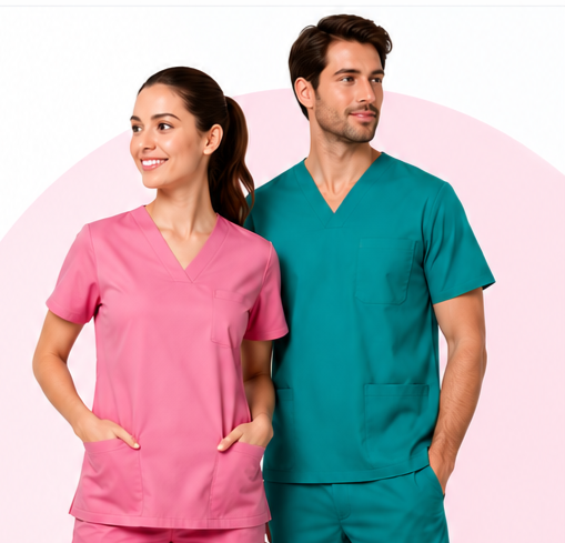Profesionales usando uniformes médicos color rosa y verde